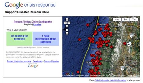  has set up a person-finder site to help folks locate people in Chile, 