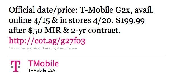 tmobile g2x. T-Mobile G2x officially priced