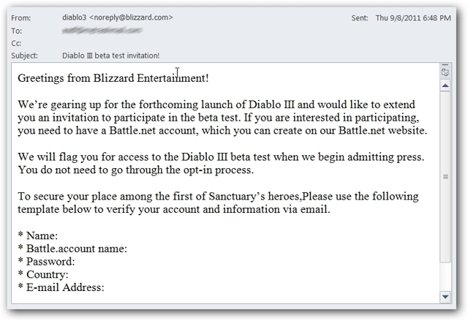 Diablo 3 beta invitation email phishing scam Diablo 3 beta invitation email phishing scam
