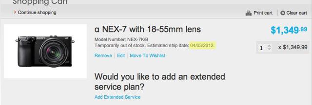 Sony NEX 7 up for pre order again, expected to start shipping in April 2012