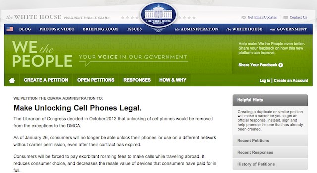 Whitehouse Petition Unlocking Phones