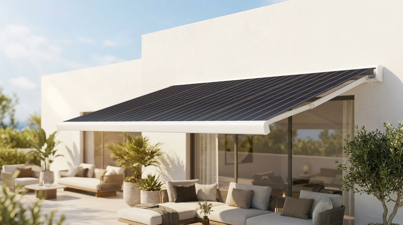 German Business Awnings That Shade Guests and Produce Electricity